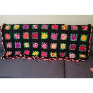 Granny Square Crochet Afghan Flower Rose Colorful Throw Black Multicolor 56X 64